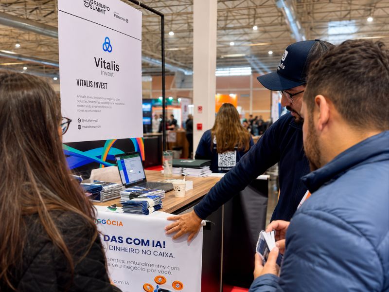 Equipe Vitalis Group em atendimento a empreendedores no stand do Gramado Summit 2025