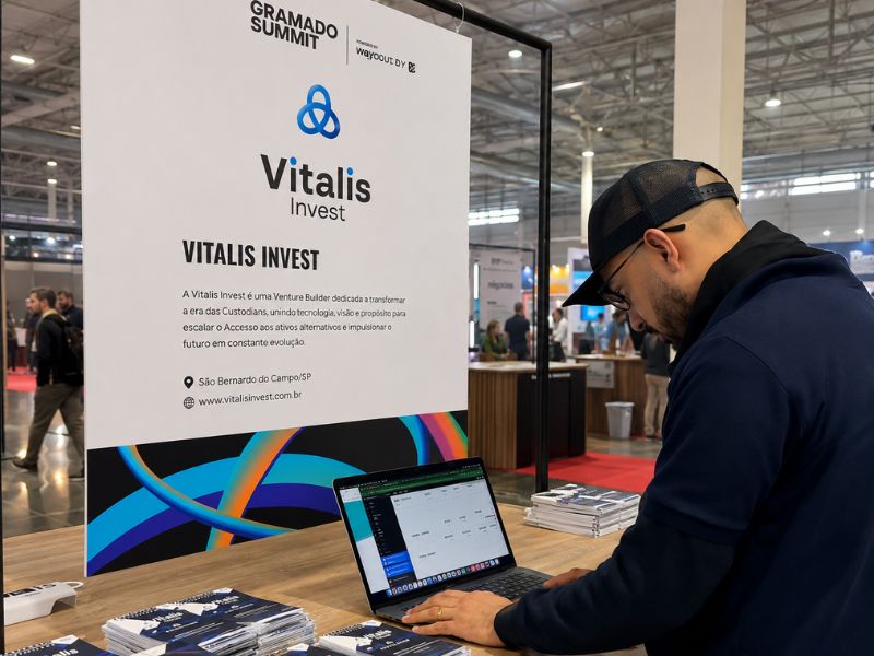 Leonardo Luz no stand Venture Builder da Vitalis Group no Gramado Summit 2025